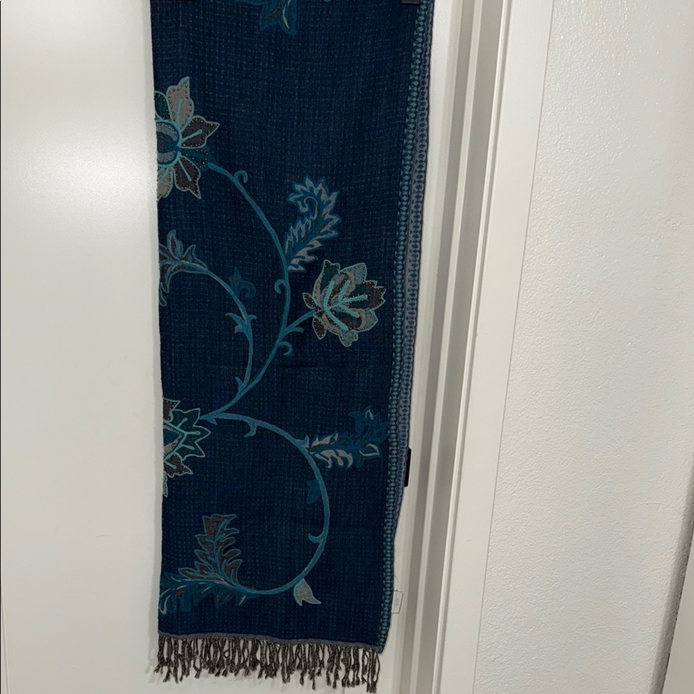 Charter Club Blue and Gray Scarf with Elegant Embroidery
